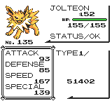 Screenshot – Jolteon's stats, with the type, 'IDNo/' label, 'OT/' label, and OT name missing.