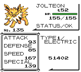 Screenshot - Jolteon's stats, with the 'IDNo/' label, 'OT/' label, and OT name missing.