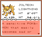 Screenshot – Jolteon's Pokédex entry, with the area erased by the page character highlighted.