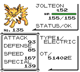 Screenshot - Jolteon's status screen, showing OT/51402E.