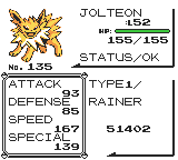 Screenshot - Jolteon's status screen, with 'RAINER' shown extending out from the edge of the stat box.