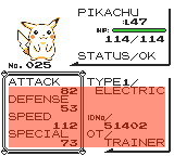 Screenshot – Pikachu's status screen, with the area erased by the page character highlighted.