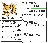 Screenshot - Jolteon's status screen, with 'RA' shown between the stat box and the ID number.