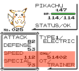 Screenshot – Pikachu's status screen, with the area erased by the paragraph character highlighted.