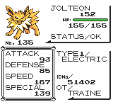 Screenshot – Jolteon's status screen, with the final letter of the OT name 'TRAINER' missing.