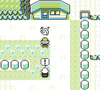 Screenshot – the player character in Pokémon Yellow, having walked an extra step towards a Gambler trainer, who has an exclamation mark bubble above his head.