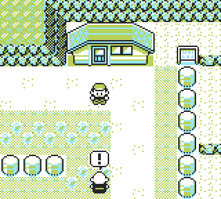 Screenshot – the player character in Pokémon Yellow standing in front of a Gambler trainer with an exclamation mark bubble above his head, about to Fly away.