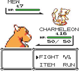 Screenshot – a level 16 Charmeleon fighting a level 7 Mew.