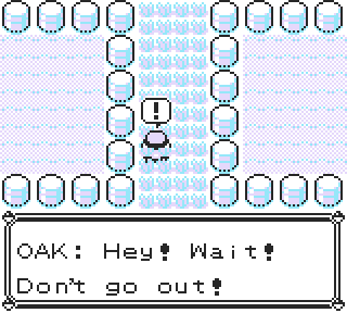 Screenshot – the player character in Pokémon Yellow heading into the grass north of Pallet Town, with an exclamation mark bubble above his head and a dialogue box reading, 'OAK: Hey! Wait! Don't go out!'