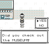 Screenshot – a Pewter City NPC asks, 'Did you check out the MUSEUM?'